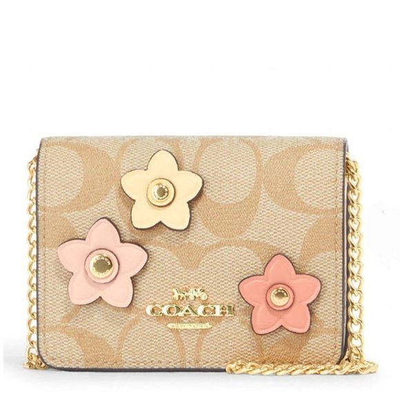 Mini Wallet On A Chain In Signature Canvas With Floral Applique - Picture 2 of 4